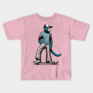 Retro Monkey Skateboarder - Vintage Style Illustration Kids T-Shirt